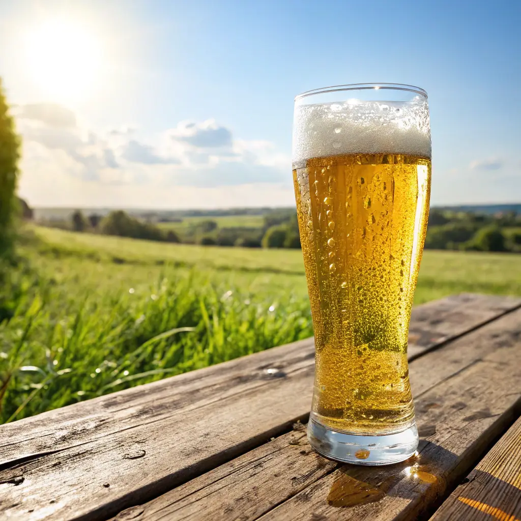 A frosty glass of light beer with condensation, showcasing its refreshing appearance.